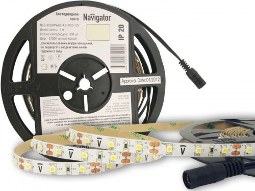 Лента светодиодная 71 402 NLS-3528WW60-4.8 IP20 12B R5 4.8Вт/м (уп.5м) Navigator 71402 220214