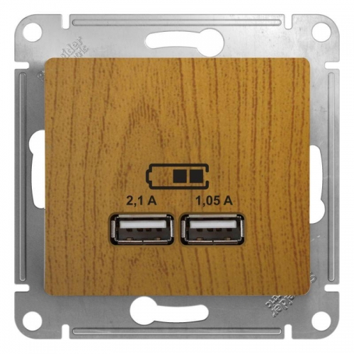 Механизм розетки USB 1-м СП Glossa 5В/2100мА 2х5В/1050мА дерево дуб SchE GSL000533 504573