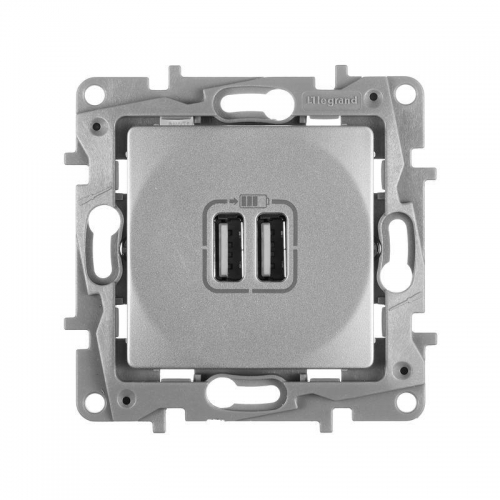 Механизм розетки USB Etika 2мод. 240В/5В 2400мА алюм. Leg 672494 437659
