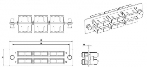 Панель FO-FPM-W120H32-6DSC-BL для FO-19BX с 6 SC (duplex) адаптерами 12 волокон одномод. 120х32мм адаптеры а син. (blue) Hyperline 54246 1202660