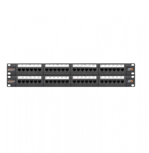Патч-панель 19дюйм 2U 48 портов кат.6 (класс E) 250МГц RJ45/8P8C 110/KRONE T568A/B неэкран. с органайзерами черн. NIKOMAX NMC-RP48UE2-2U-BK 494167