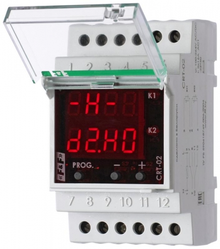 Регулятор температуры CRT-02 (2-канал.; диапазон температур от -40 до +140град.С; многофункц.; цифровая индикация; выносные датчики с термоус. проводом; 3 модуля; монтаж на DIN-рейке; 100-264В AC/DC 2х16А 2NO/NC IP20) F&F EA07.001.015 435611