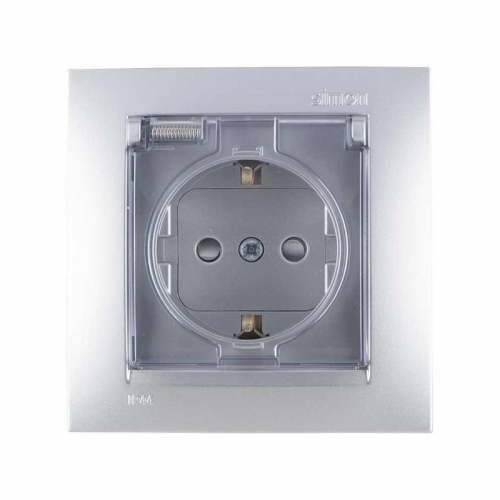 Розетка 1-м СП Simon15 с защ. крышкой защ. шторки с заземл. IP44 алюм. Simon 1590450-033 300921