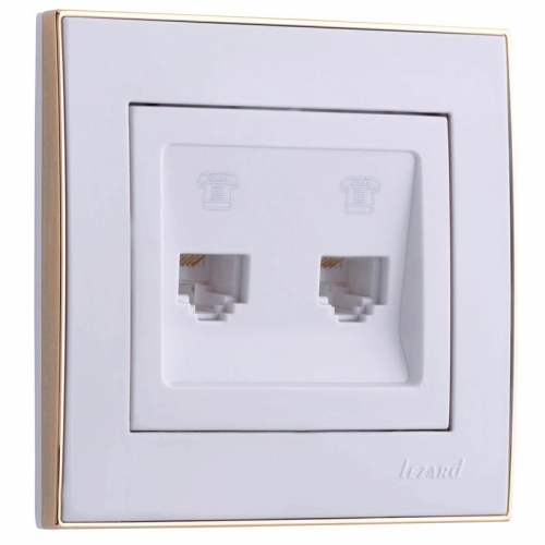 Розетка телефонная 2-м СП Рейн бел. с боковой вст. зол. Lezard 703-0226-138 367534